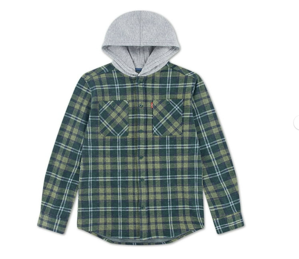 Levi's Boys XL 14/16 Green Plaid Flannel Hooded Overshirt Button Front Jacket